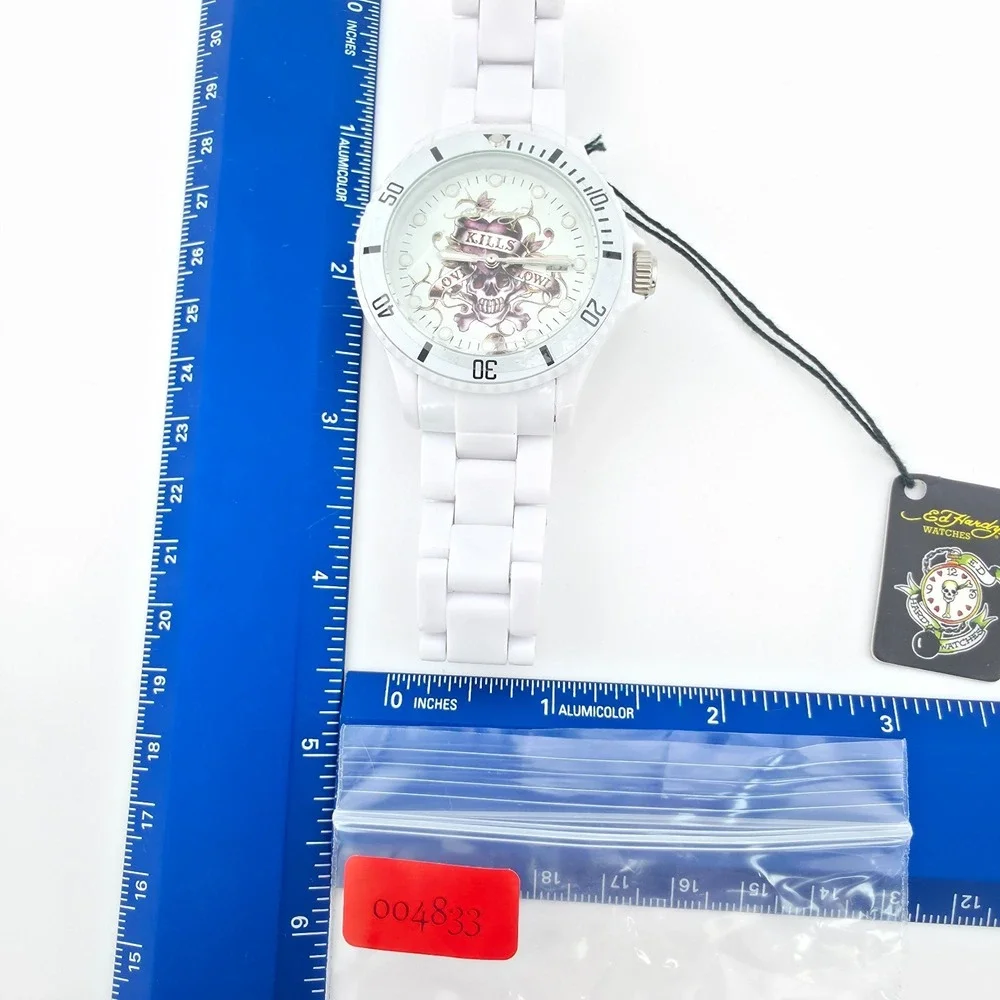 New! ED HARDY VIP Men's Watch Skull Tattoo Unidirectional Bezel White Band 8.75